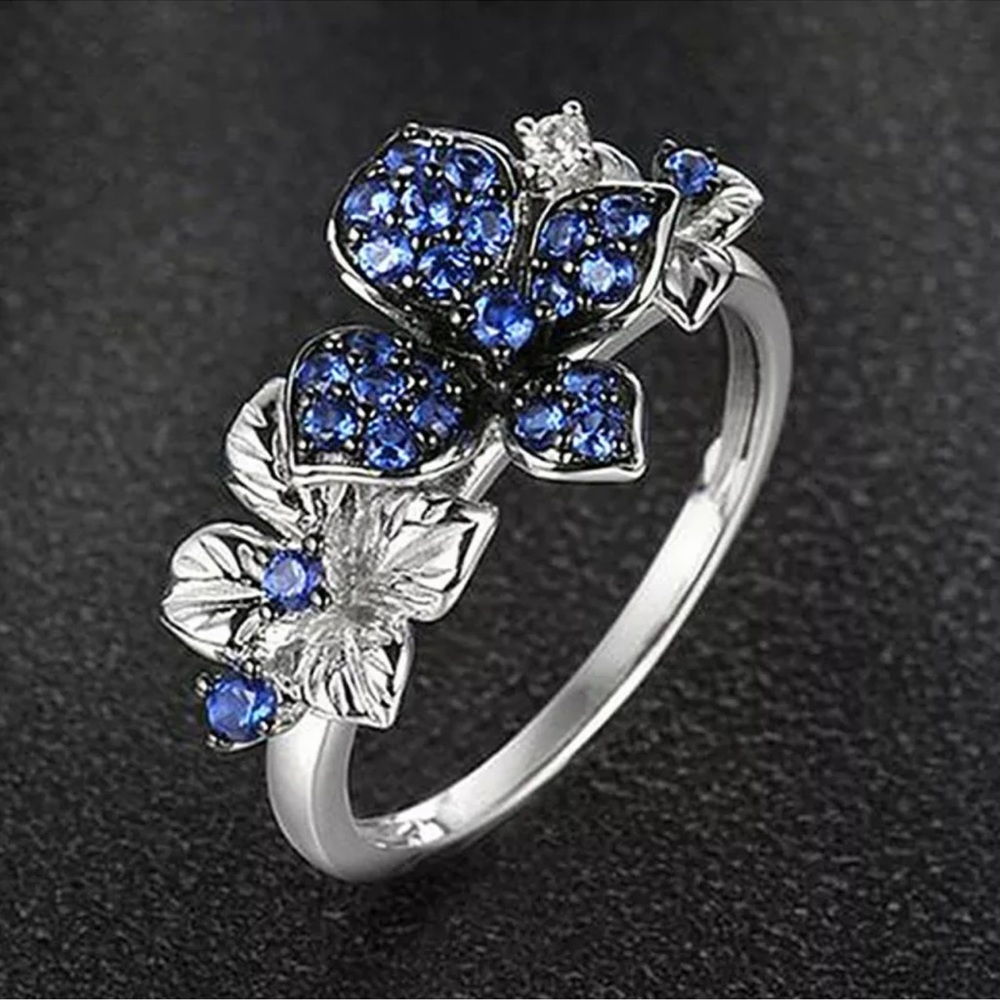 Pretty Blue Sapphire Flower Jewelry 925 Silver Rings Women Party Rings
